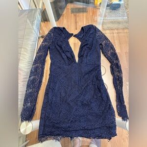 AKIRA Navy Blue Long Sleeve Lace Mini Dress